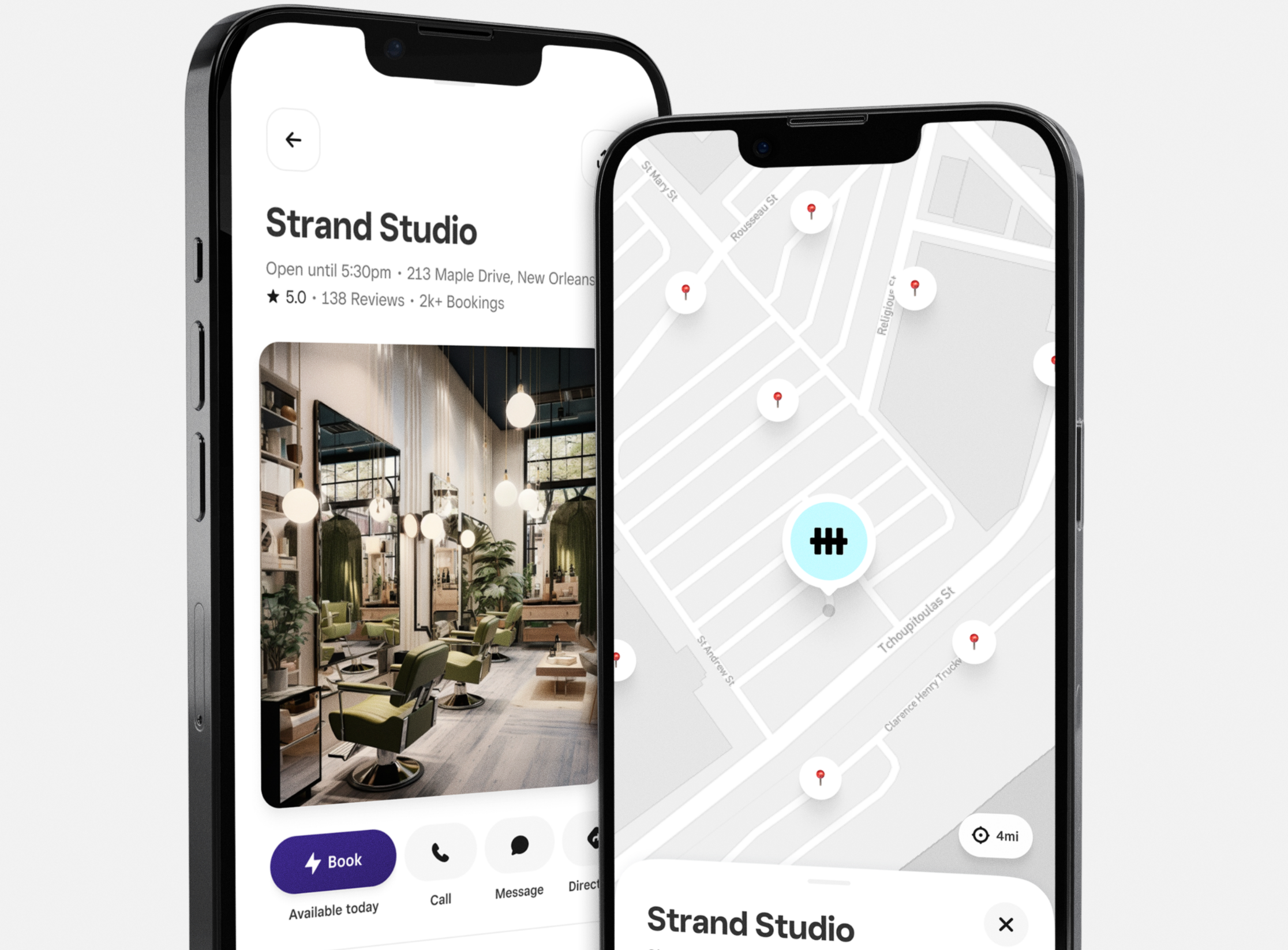 Two phones side by side. One phone screen shows a profile name and image for a business called Strand Studio. The other screen shows a map with Strand Studio’s location.