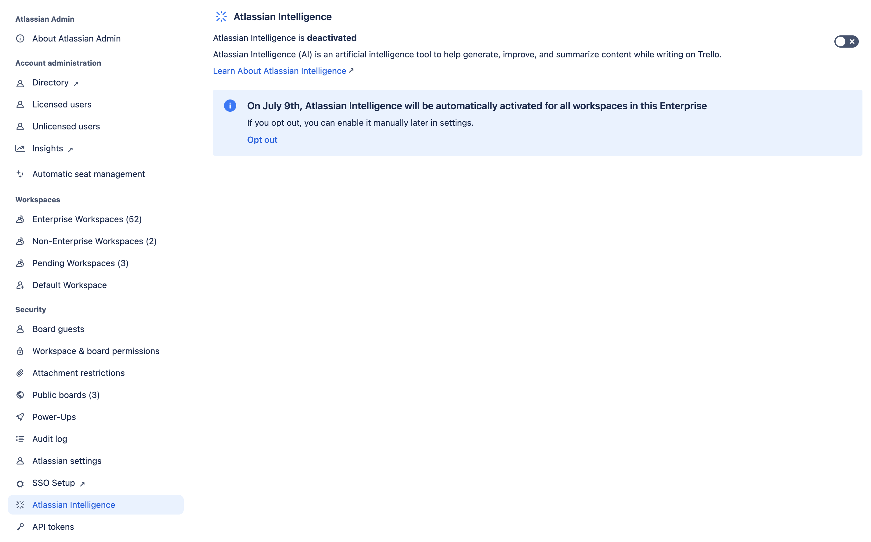 Screenshot of the Atlassian Intelligence section of the Trello Enterprise Admin Dashboard