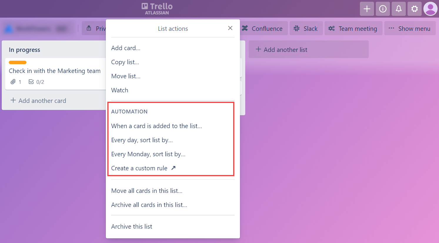 List actions menu of a Trello card with the Automation section selected in the middle