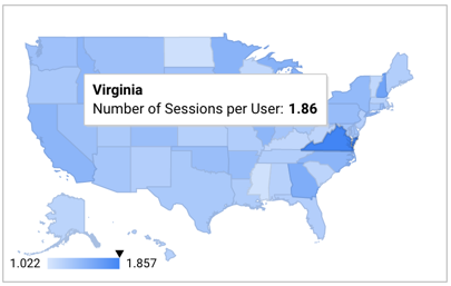 A geo chart of the United states in various shades of blue with Virginia in dark blue and a blue gradient scale from 1.022 to 1.857; the tooltip over Virginia displays the text Number of Sessions per User: 1.85. 