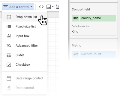 A user selects Drop-down list from the Add a control menu and selects county_name as the Control field with King as the default selection in the Setup tab of the Properties panel.