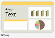A report demonstrates the Groovy theme, which displays black text and charts on a tan background with yellow background headings.