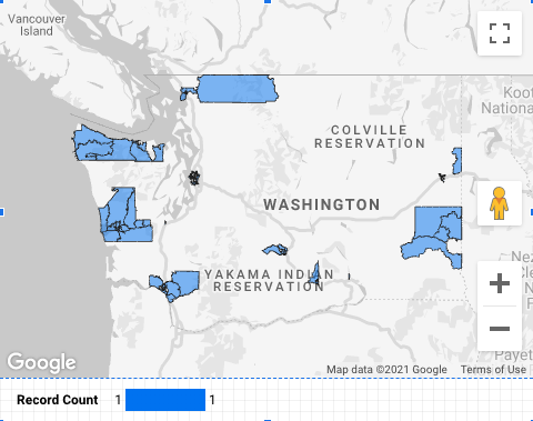 A Google map with blue geography polygons representing rent affordability in Washington state by county displays polygons only for a few counties.