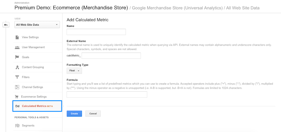 Enhanced Ecommerce: Add Calculated Metric user interface