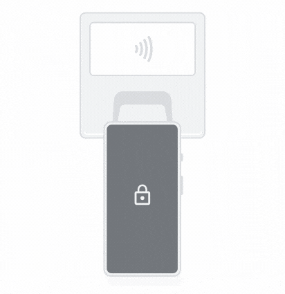 Animación de un dispositivo móvil que se sostiene sobre un lector de pagos para realizar un pago sin contacto