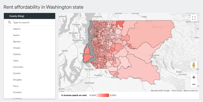 A Google map displays red BigQuery geography polygons that represent rent affordability by county in Washington state.