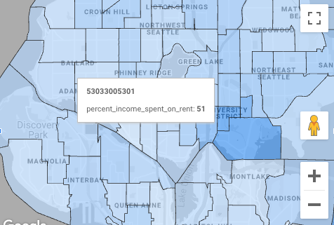 A tooltip on the Washington state rent Google Maps chart with a geo_id tooltip dimension displays the data point details 53033005301 percent_income_spent_on_rent: 51. 