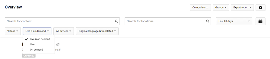 Options to sort data are in the ‘Live & on demand’ dropdown in YouTube Analytics