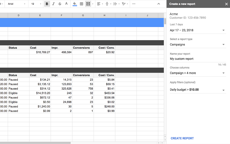 Screenshot of creating a new report in Google Sheets