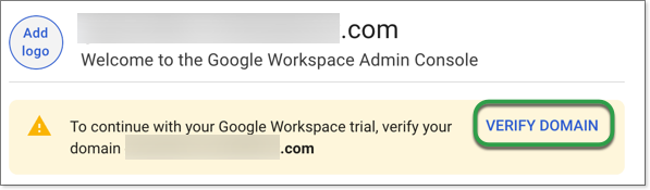 The verify domain link is highlighted at the top of the Admin console.