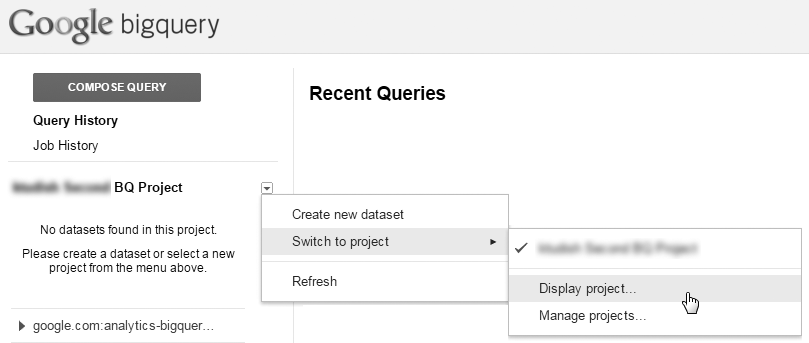Click this arrow to switch projects in BigQuery.