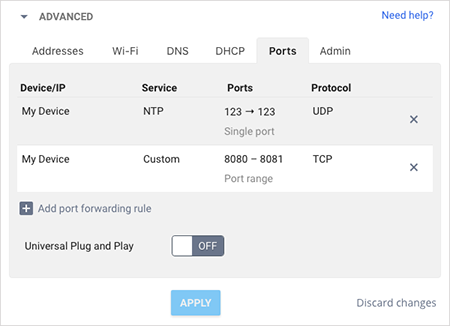 Toggle on or off UPnP port forwarding in the Port tab of the advanced network settings of your Google Fiber account.