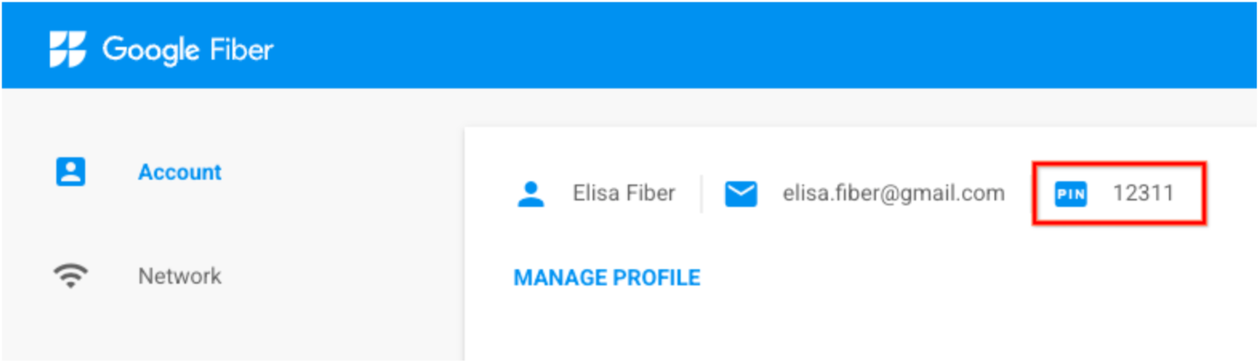 Google Fiber customer support PIN number found in account.