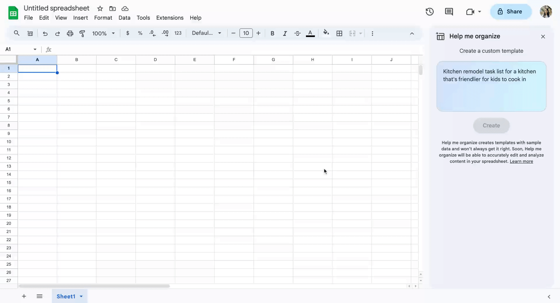 An animation showing someone using "Help me organize" in Sheets to create a project tracker for building a new website