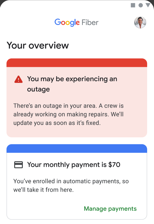 The Google Fiber app, with an error card reading: "You may be experiencing an outage / There's an outage in your area. A crew is already working on making repairs. We'll update you as soon as it's fixed."
