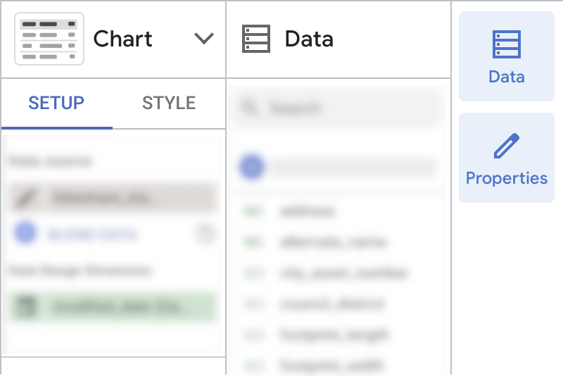 The properties panel, data panel, and panel manager. The panel manager consists of 2 buttons arranged vertically. Click the top button to hide/show the data panel. Click the bottom button to hide/show the properties panel.