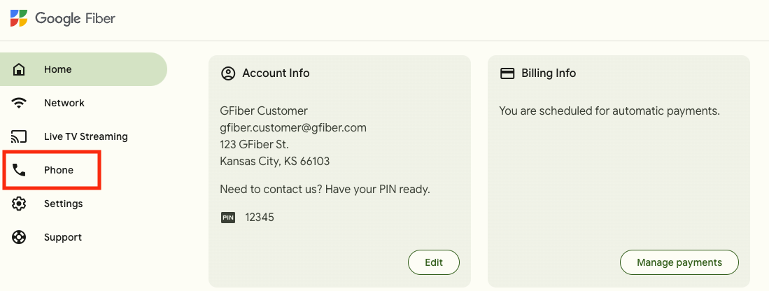 The GFiber customer portal, with the "Phone" section in the left nav bar circled in red