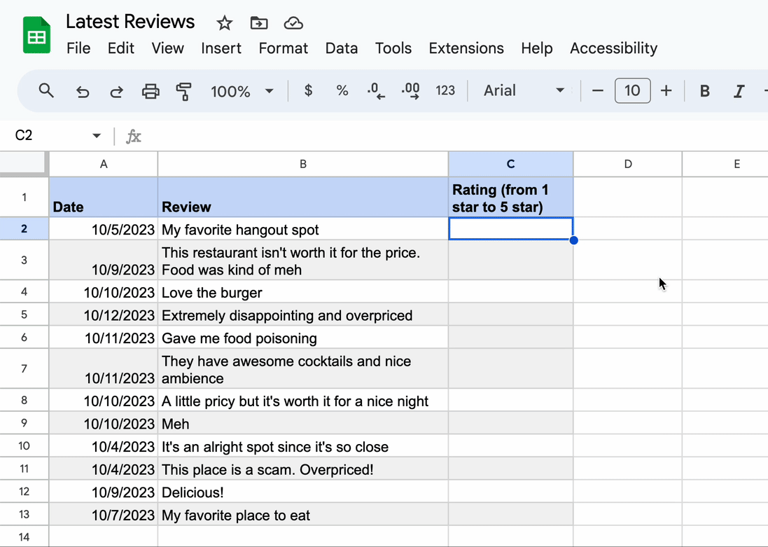 An animated GIF showing AI in Google Sheets auto-populating multiple rows in a spreadsheet with star ratings for restaurant reviews