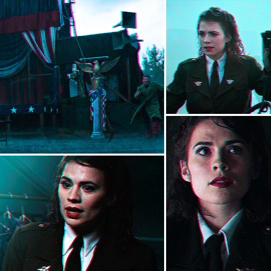 gifs 2 and 3 of 4. gifs of Peggy Carter in various degrees of being wet due to rain. in the odd shot out, she's running alongside Steve Rogers in the rain. she's trying to protect herself from getting too wet by holding a trenchcoat over her head. the rest of the shots are either close-ups of her face or shots in which she's alone and/or the main focus of the frame. she's wearing her war uniform in all the gifs of this set, except for the first one and the last in which she's wearing civilian clothing.