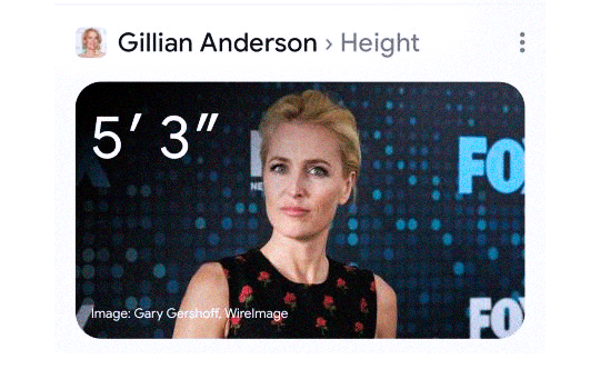 gif 4 of 8. a Google search of Gillian Anderson's (the actress that plays Scully) height, alongside a photo of her in some red carpet. Google says she's 5'3". the height numbers shift to the metric system, stating now that her height is 160cm.