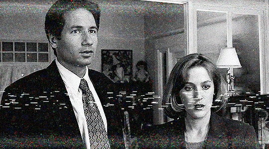 gif 10 of 14. Mulder asks Scully to pinch him and she just makes a face of disgust. the gif is in black and white.