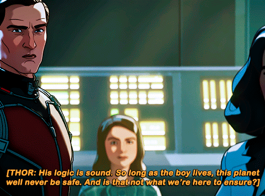 gifs 2 of 7. a shot of Hope Van Dyne next to Hank Pym and Director Carter. there is the following subtitle between brackets: "THOR: his logic is sound. so long as the boy lives, this planet will never be safe. and is that not what we're here to ensure?". the brackets imply the line was said off-screen, in another moment and shot. Hope gets up from her chair with a determined look. "that's right", she says.
