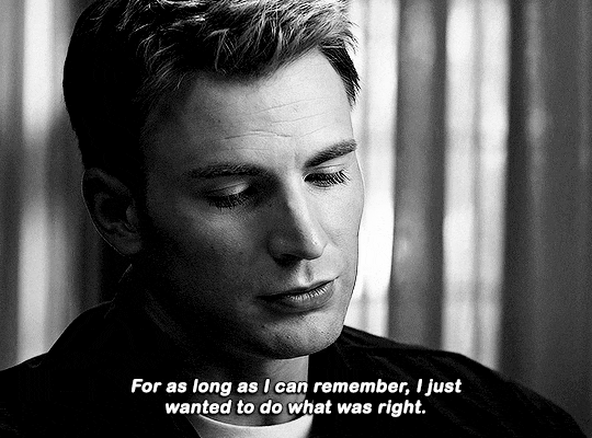 gif 4 of 7. a gif from Captain America: The Winter Soldier (2014). Steve says, while looking a bit sad, "for as long as i can remember, i just wanted to do what was right". this gif is in black and white.