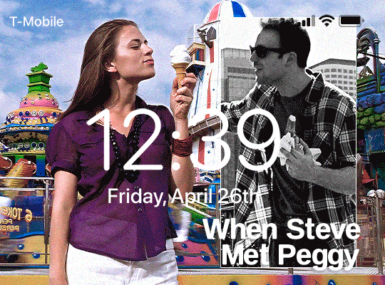 gif 1 of 10. a gif that mimics the locked screen of an iPhone. the time is 12:39 and the date is friday, april 26th. the locked screen's background is a gif of Steve and Peggy at a carnival. Peggy is behind a carnival ride and is playfully licking an ice cream cone. Peggy is in color. Steve is laughing at her while eating a prezel. he's inside a box on top of the bigger Peggy gof. his gif is in black and white. there's text and it says, "when Steve met Peggy".