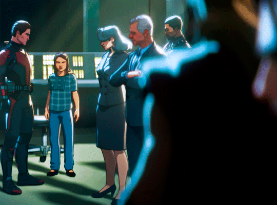 gif 7 of 7. a gif from What If...?. a following shot of the Hope Van Dyne scene. it's about The Winter Soldier/Bucky looking seemingly sad and turning his head while no one is paying attention to him. end ID.