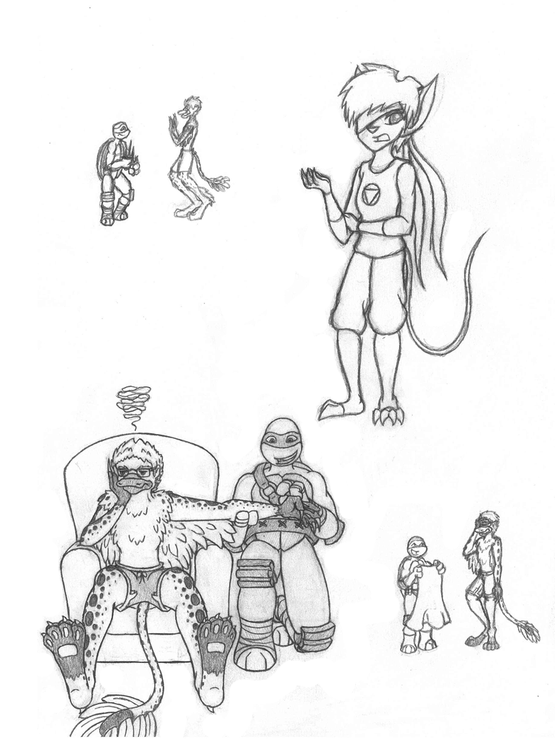 More TMNT fanart! And fanmutant art. ^^
Top Left: doodle of Remie (my fanmutant) and Raph. Raph is perplexed once he figures out that the crazy new mutant isn’t actually attacking them.
Top Right: http://flailingwings.tumblr.com/’s fanmutant, the...