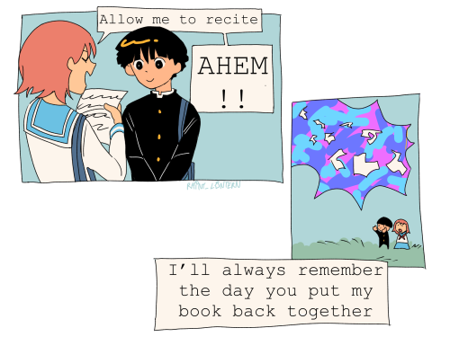 An interaction between Emi and Mob. The two are pictured outside in an open field, dressed in their school uniforms and carrying their bookbags over their shoulders. In the first scene, Emi holds out a piece of paper with writing in front of her. Facing Mob, she tells him, “Allow me to recite. AHEM!!” The next scene shows Mob levitating Emi’s torn pages together in a big psychic pile as EMI watches behind him. The text reads, “I’ll always remember the day you put my book back together.”