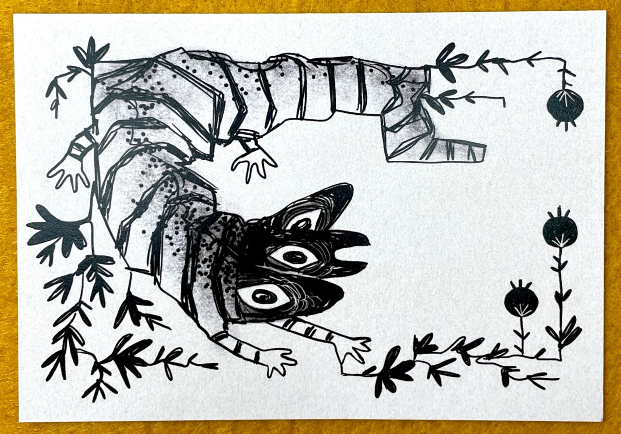 A print in black and white featuring an illustration of a sprawled out, three-headed lizard with big, staring eyes. Its body is covered in vertical stripes and a speckled back. A leafy plant with circular flowers frame the borders of the print, leaving negative space near the centre.
