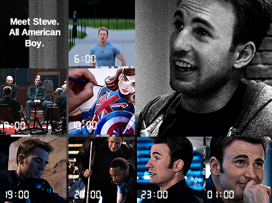 gif 3 of 10. a black and white gif of Steve talking to someone that closes the door on him, much to his dismay. on top of that gif, there are 7 smaller gifs laid out in a grid. those small gifs are in color. each gif has a time of day, the numbers being in a font similar to alarm clocks. it goes as follows:  6:00 - Steve is jogging. 7:00 - Steve is in a meeting of some kind, similar to an AA meeting or a Veterans meeting. 10:00 - a hand paints a drawing of Captain Carter. 19:00 - Steve parks his motorcycle. 20:00 - Steve is playing pool with Sam at a party.  23:00 - Steve is talking to someone. 01:00 - Steve is smiling while looking at someone.  by the juxtaposition of the previous gif and this one, it is implied that Steve and Peggy are at the same party and are interacting with one another between 23:00 and 01:00.