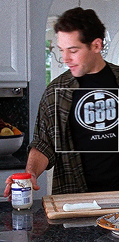 gif 3 of 10. a square highlights the print on Josh's t-shirt. it's the logo for the 688 Atlanta Club.