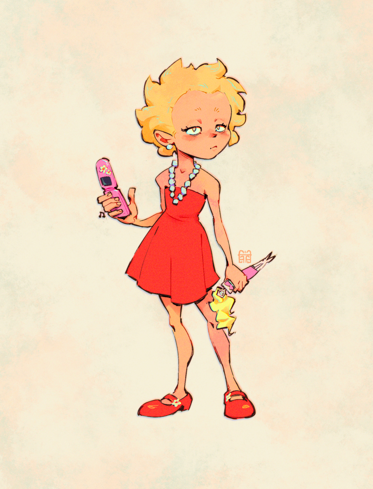 lisa simpson in more detailed style holding a pink flipphone, in her other hand she holds malibu stacy doll. Lisa is unbothered