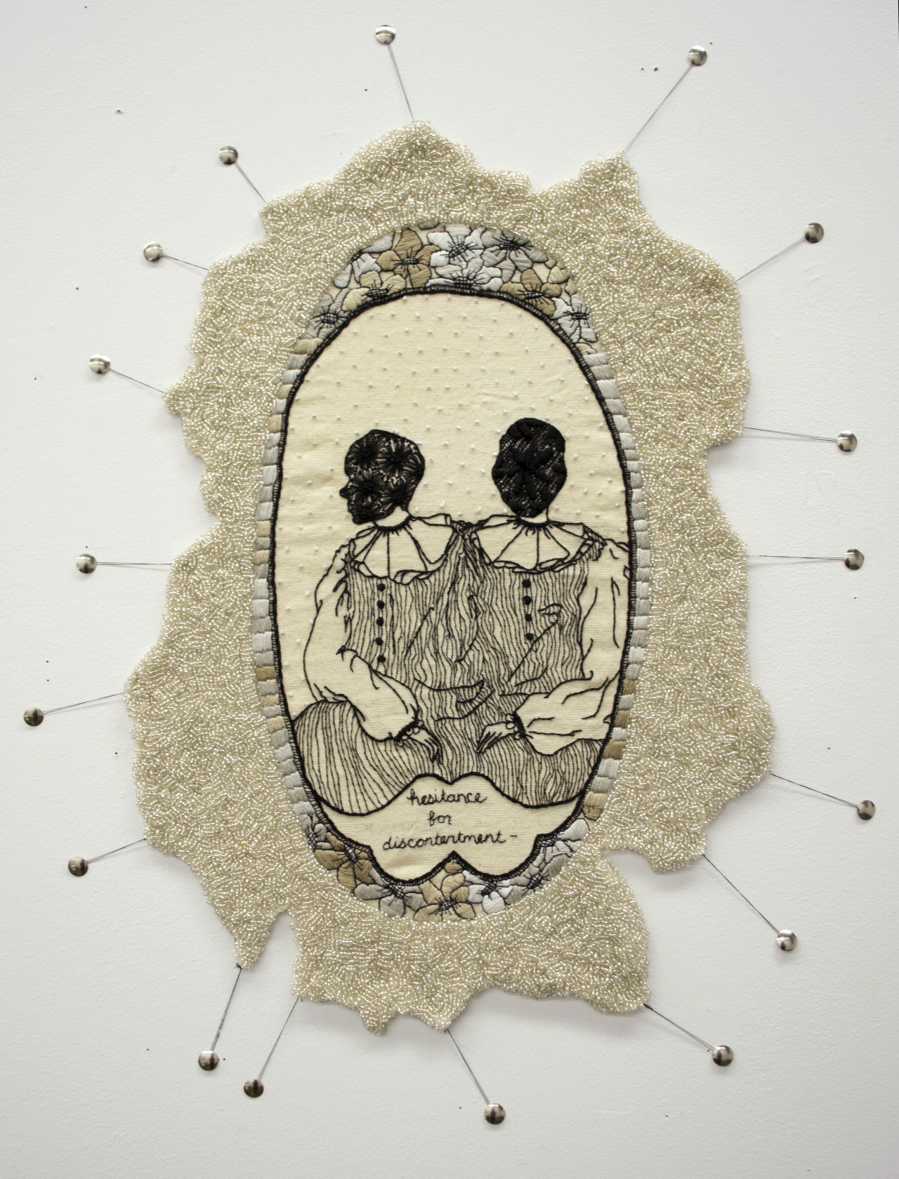 Kathryn Shriver, Hesitance for Discontentment (2014). Hand beading and embroidery on canvas.
http://kathryneulella.tumblr.com/
