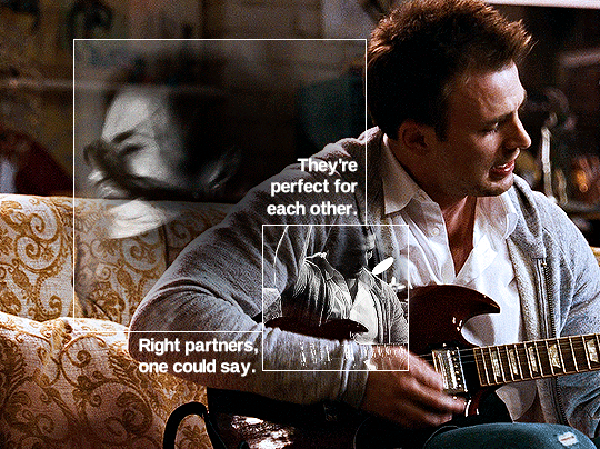 gif 4 of 10. a gif of Steve playing a guitar while playfully singing. there are two boxes above the gif, one with a black and white gif of Peggy dancing and another of Steve, still with his guitar on his lap,