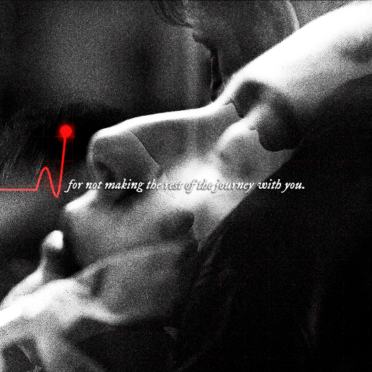gif 10 of 10. two shots are blended together: a close up of Scully in a hospital bed, and another of Scully getting closer to Mulder as he holds her in his arms. those two shots slowly fade away into complete blackness. as that happens, an animated heartbeat graphic at the center of the gif, that had peaks and lows before, goes completely flat. the heartbeat graphic eventually dissolves into nothing. the text says, "for not making the rest of the journey with you". end ID.