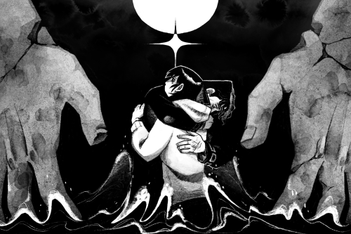 A black and white fanart for Omniscient reader's viewpoint. Han Sooyoung and Yoo Joonghyuk are standing almost waist deep in the dark water, waves crushing in them. They are clinging to each other. Yoo Joonghyuk almost curls around Han Sooyoung, staring with terrified eyes into the water. Han Sooyoung is looking to the side with dejected eyes. They are framed with two giant crumbling palms from the both sides, descending as if to protect them. Above them is the moon overlapping with a single star.