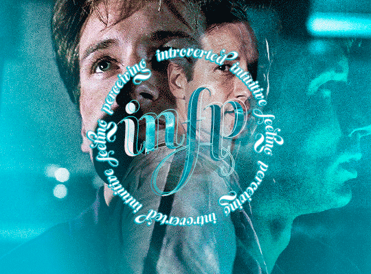 gif 3 of 5. there are 3 shots of Mulder blended together in this gif. one of him looking up at someone on the right. that shot is in color, but has a teal background. on the middle, we can see Mulder tilting his head to call someone to get closer to him. that shot is also in color. on the left, there is a shot of Mulder's profile. that shot is teal.  there is text on the gif. in the middle, there are the letters INFP. there is also circular text that is slowly spinning clockwise. the circular text says 'introverted, intuitive, feeling, perceptive' over and over.