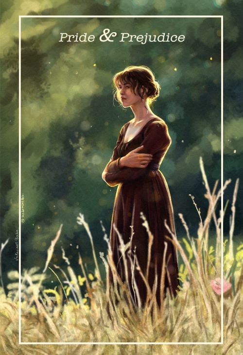 A digitally painted study of a screencap from the 2005 film adaptation of Jane Austen's 'Pride and Prejudice,' showcasing Elizabeth Bennet standing in a sunlit field, wearing a long-sleeved brown dress and gazing into the distance. The title 'Pride & Prejudice' is printed across the top.