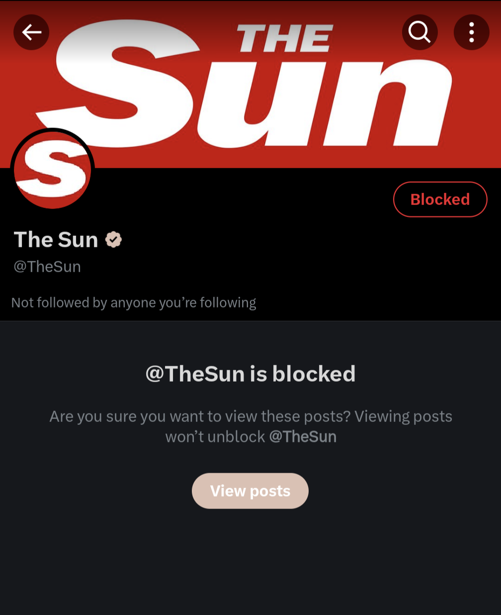 screenshot of twitter, i have The Sun (the british tabloid) blocked