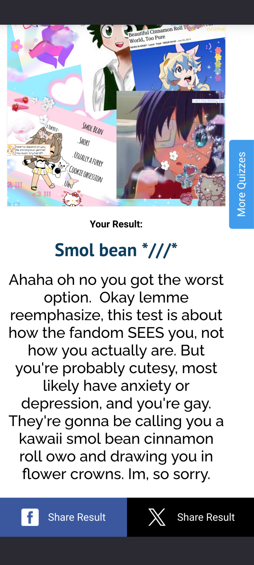 a uquiz result that reads: "Your Result: Smol bean *///* Ahaha oh no you got the worst option. Okay lemme reemphasize, this test is about how the fandom SEES you, not how you actually are. But you're probably cutesy, most likely have anxiety or depression, and you're gay. They're gonna be calling you a kawaii smol bean cinnamon roll owo and drawing you in flower crowns. Im, so sorry." There is a collage image of several cute-type characters with sparkles and blushes edited on top of them.