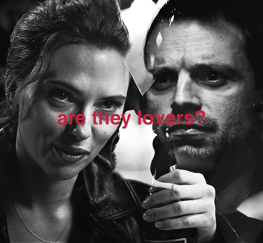 (gifset about the Bucky/Natasha pairing from Marvel/MCU).  gif 1 of 2. a shot of a man and a woman about to kiss is blended together with shots of Bucky and Natasha talking and smiling at each other. the text says, "are they lovers?". the gif is in black and white.