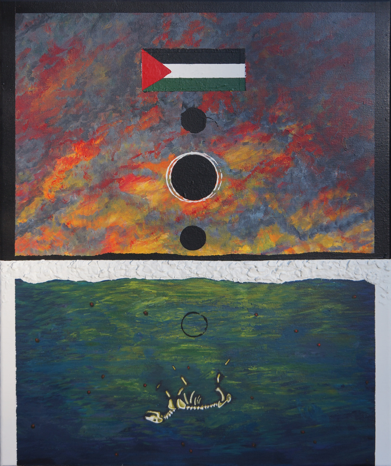 A 16"x20" acrylic painting. The top half has red and orange flames and grey smoke. The flag of Palestine is near the top, centered vertically, with 3 small, solid black spheres stacked on top of each other below it. The middle sphere is bigger than the top and bottom spheres and has a white circle around it. There is a black border around this half. The bottom half has a white border except for on the very bottom, which has no border. The horizontal white border is covered with lumpy white paint chips to look like the rubble of buildings. This separates the fire on top with a blue and green ocean on the bottom. Floating in the middle of the ocean is an animal skeleton, surrounded by olives. There is a hollow black circle above the skeleton, continuing the path of the 3 spheres from the top half.