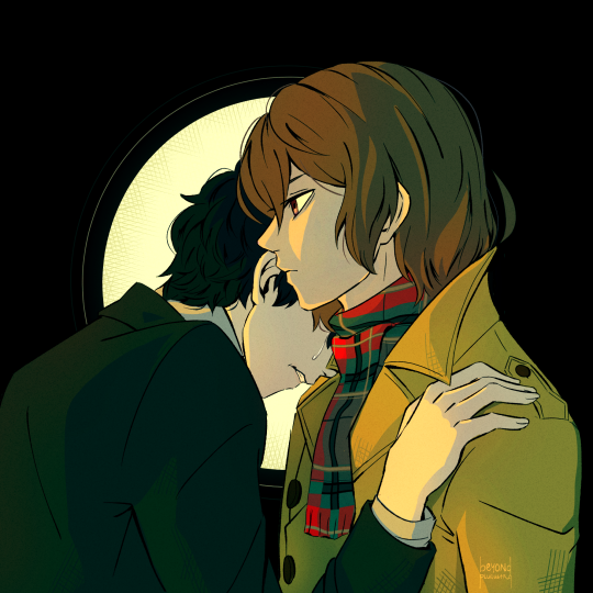 A close-up profile shot of Goro and Akira. Akira is leaning his forehead heavily against Goro's right shoulder with his hand on the opposite shoulder. A tear streaks his cheek. Goro looks ahead, almost as though he's unaffected.