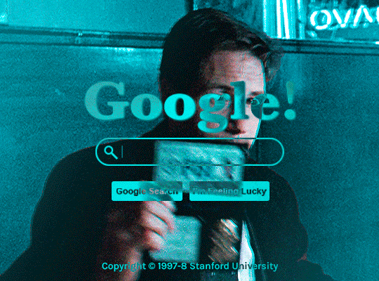 gifset about Fox Mulder of The X Files. gif 1 of 5. Mulder shows up his badge to someone while sitting down. there's an old Google logo in the center of the gif. above the logo, there's a search bar. we can see the words 'Agent Fox Mulder' being typed in real time. above the search bar, there are two buttons: a 'Google search' button and a 'i'm feeling lucky' button.  at the bottom, it's written 'copyright 1997-98 Stanford University'. the main color of the gif and the rest of the gifset is teal.