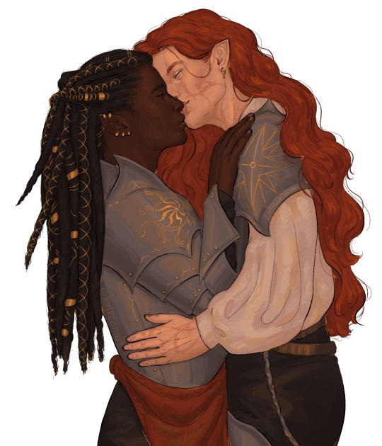 digital drawing of fingon and maedhros. they're both wearing armor with their respective emblems carved in golden, embracing each other. maedhros is leaning over fingon slightly. maedhros has scars on his face and fingon has dreads with gold woven on them