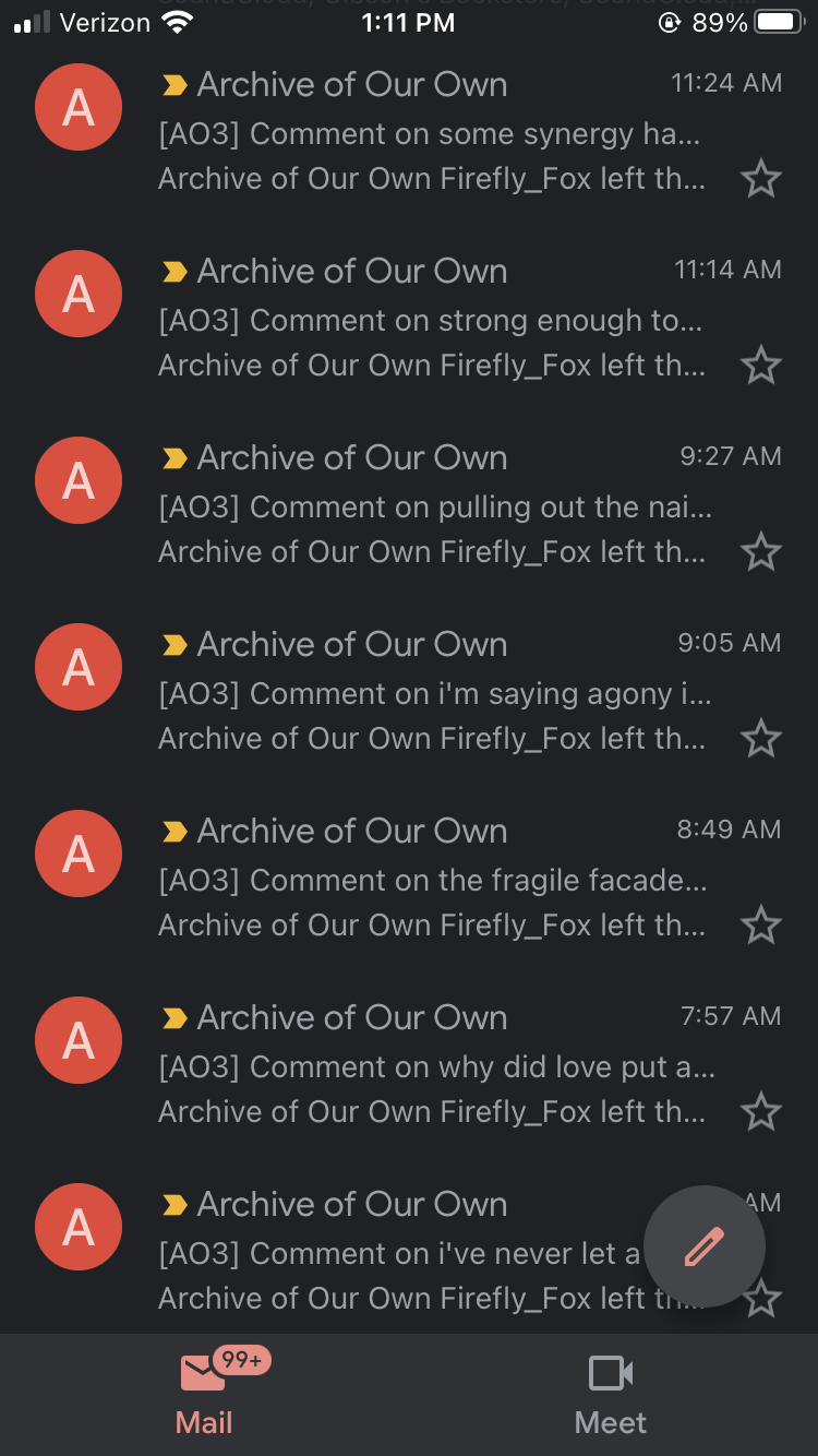 Screenshot of a Gmail inbox. It's literally all comment notifications from the same user for seven different fics.