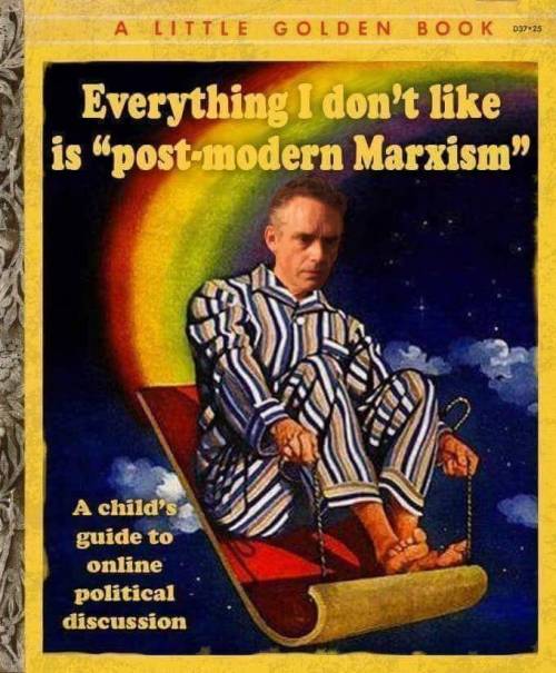 Children's book cover showing Jordan Peterson, in pyjamas, riding a tobaggan through the air. The book it titled "Everything I don't like is 'post-modern Marxism: A child's guide to online political discussion"